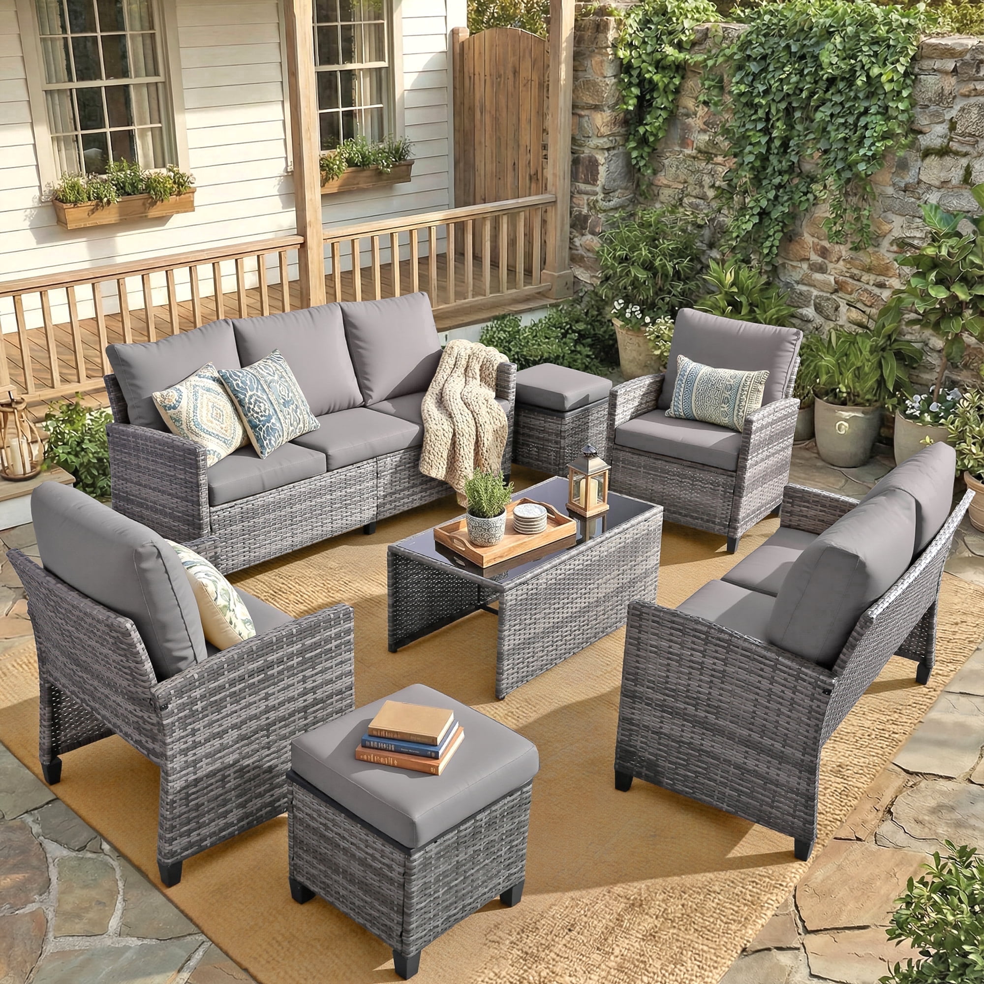 Outdoor Patio Furniture Sets Wicker Conversation Set PE Rattan Sectional Sofa Couch with Ottomans, and Coffee Table for Backyard, Porch and Garden(gray&gray)