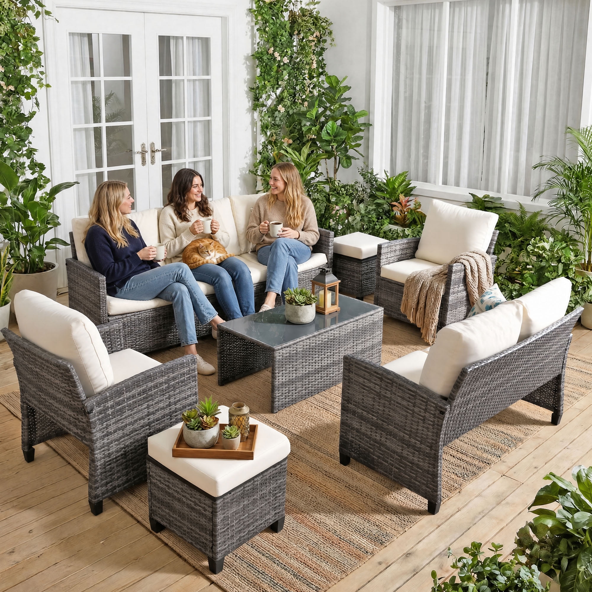 Outdoor Patio Furniture Sets Wicker Conversation Set PE Rattan Sectional Sofa Couch with Ottomans, and Coffee Table for Backyard, Porch and Garden(gray&Beige)
