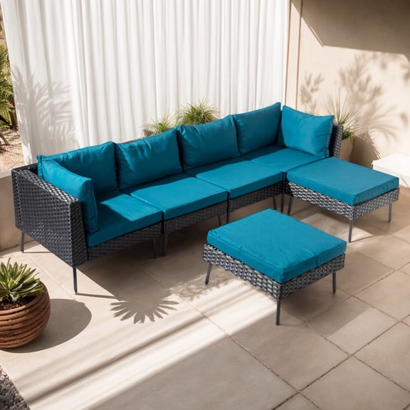 6-Piece Outdoor Rattan Sofa Set, 2 Armless Sofas, 2 Corner Sofas, 2 Footstools, Black with Green Cushions