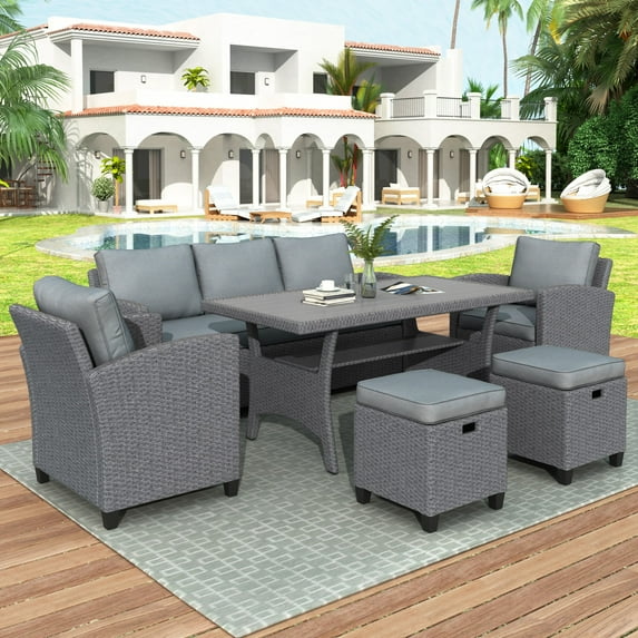 6-Piece Outdoor Rattan Wicker Set Patio Garden Backyard Sofa, Chair, Stools and Table (Gray)