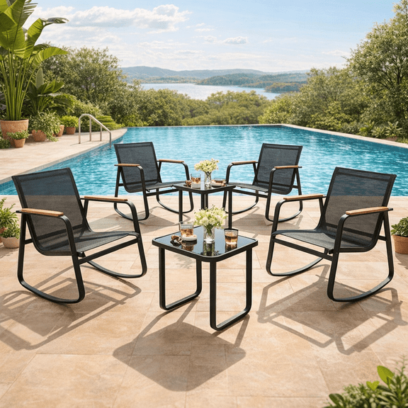 6-Piece Outdoor Rocking Bistro Set, Textilene Patio Furniture with Rocker Chairs & Coffee Table for Porch, Lawn, Garden, Balcony, Poolside, Black