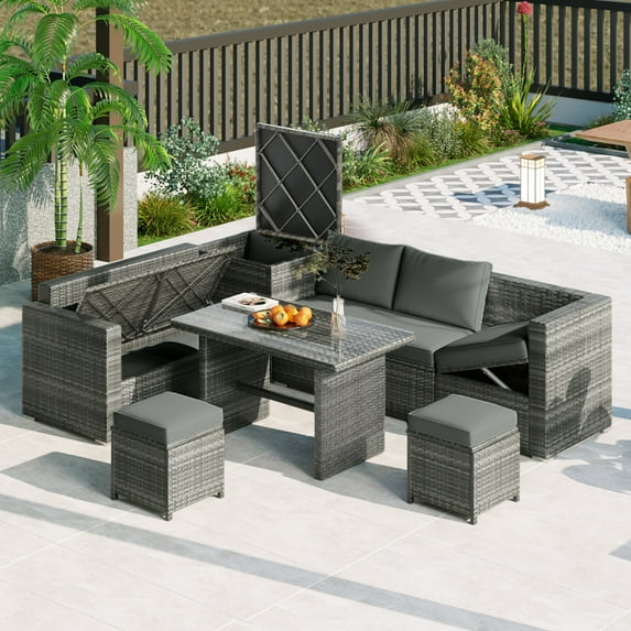 6 Piece Outdoor Patio Furniture Set, All Weather PE Rattan Sofa Set, Garden Patio Wicker Balcony Furniture Conversation Sets with Storage Box, Removable Covers and Tempered Glass Top Table,Grey