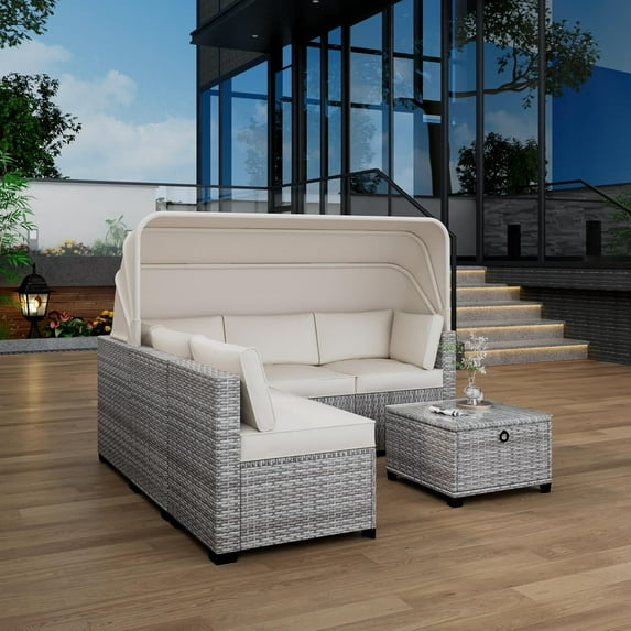 6-Piece Outdoor Sectional Sofa Set with Retractable Canopy, PE Rattan Patio Daybed, Adjustable Backrests, UV-Resistant & Weatherproof for Poolside, Garden, Backyard