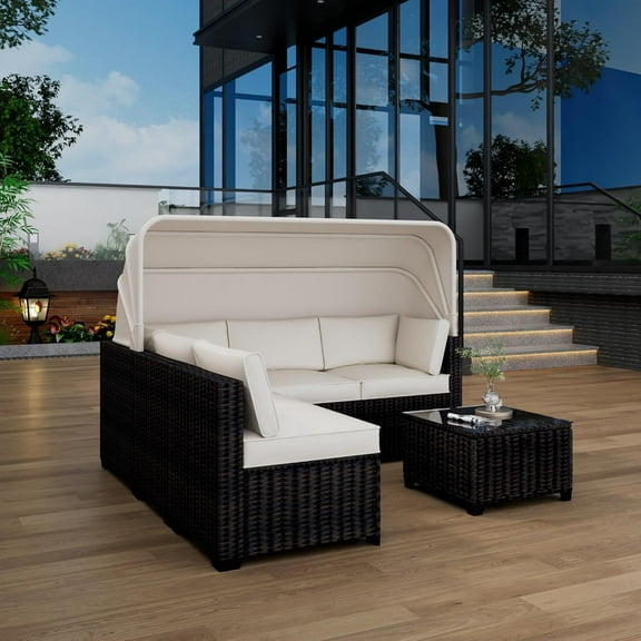 6-Piece Outdoor Sectional Sofa Set with Retractable Canopy, PE Rattan Patio Daybed, Adjustable Backrests, UV-Resistant & Weatherproof for Poolside, Garden, Backyard