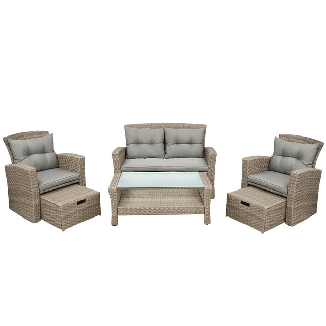 6-Piece Outdoor Sectional Sofa Set, Wicker Conversation Sets with Arm Chairs, Tempered Glass Table, Ottomans, Cushions, All-Weather Rattan Patio Furniture Sets for Backyard, Garden, Poolside, K2999