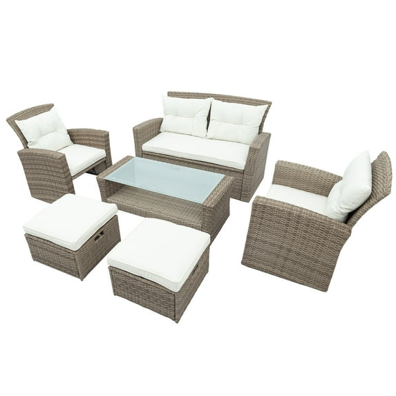 6-Piece Outdoor Sectional Sofa Set, Wicker Conversation Sets with Arm Chairs, Tempered Glass Table, Ottomans, Cushions, All-Weather Rattan Patio Furniture Sets for Backyard, Garden, Poolside, K3005