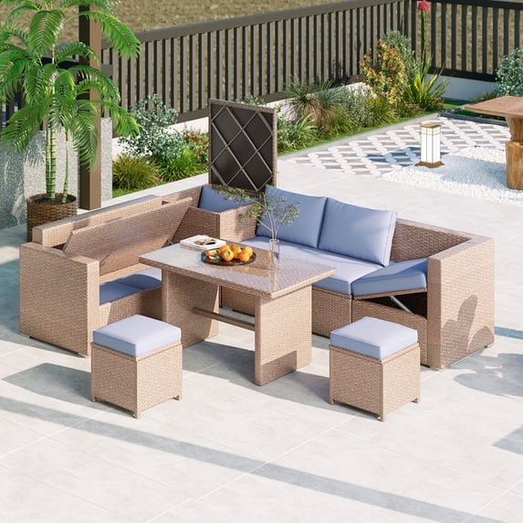 6-Piece Outdoor All Weather PE Rattan Sofa Set Patio Wicker Sectional Furniture Set with Adjustable Seat, Storage Box, Removable Covers and Tempered Glass Top Table (Natural)