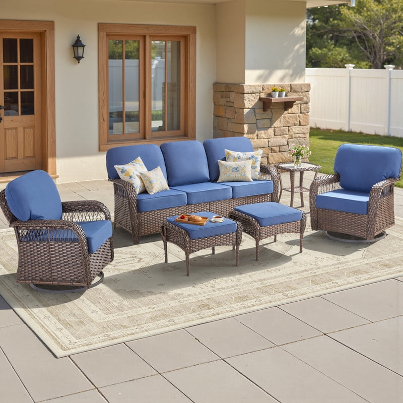 6 Piece Outdoor Wicker Furniture Sets,Patio All Weather Cushioned Conversation Sets with Swivel Rokcing Chairs, Ottomans and Sie Table for Backyard Porch Garden,Blue