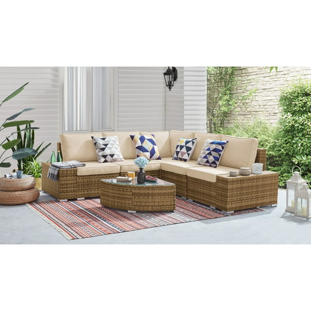 6 Piece Outdoor Wicker Sectional Seating Set, Hazelnut/Beige