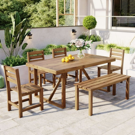 6 Piece Outdoor Wood Patio Dining Table Set with 1 Bench and 4 Single Chairs, Backyard Conversation Kit