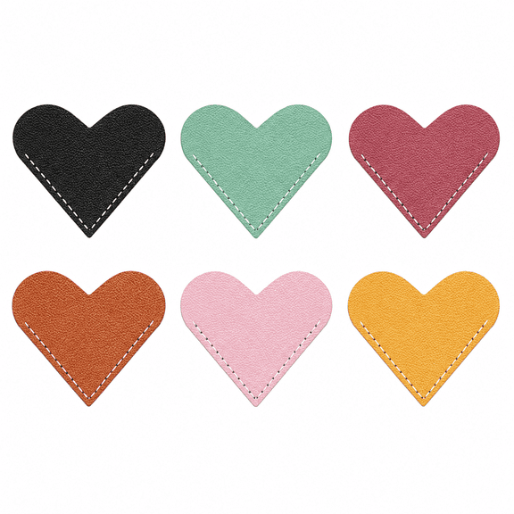 6-Piece PU Leather Heart Corner Bookmark Set, Stitched Page Markers in Assorted Colors