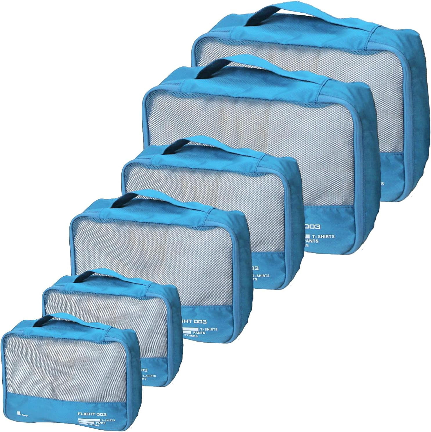 6-Piece Packing Cubes Set – Travel Luggage Organizers, Lightweight Nylon – 2 Large + 2 Medium + 2 Small Sizes – Breathable Mesh, Strong Zipper – Black/Navy Blue/Gray/Sky Blue
