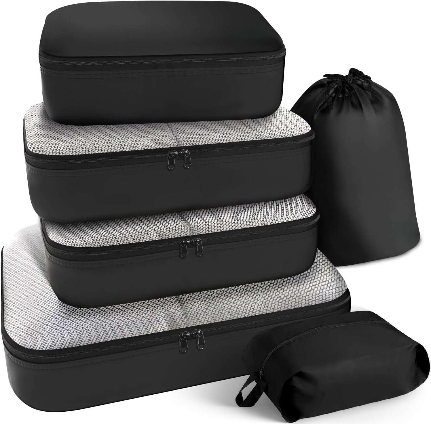 6-Piece Packing Cubes for Suitcases – Lightweight Travel Organizer Set, Space-Saving – 3 Mesh Bags + Shoe Bag + Drawstring + Underwear Bag – Black – 16.5"L x 12.6"W x 4.7"H