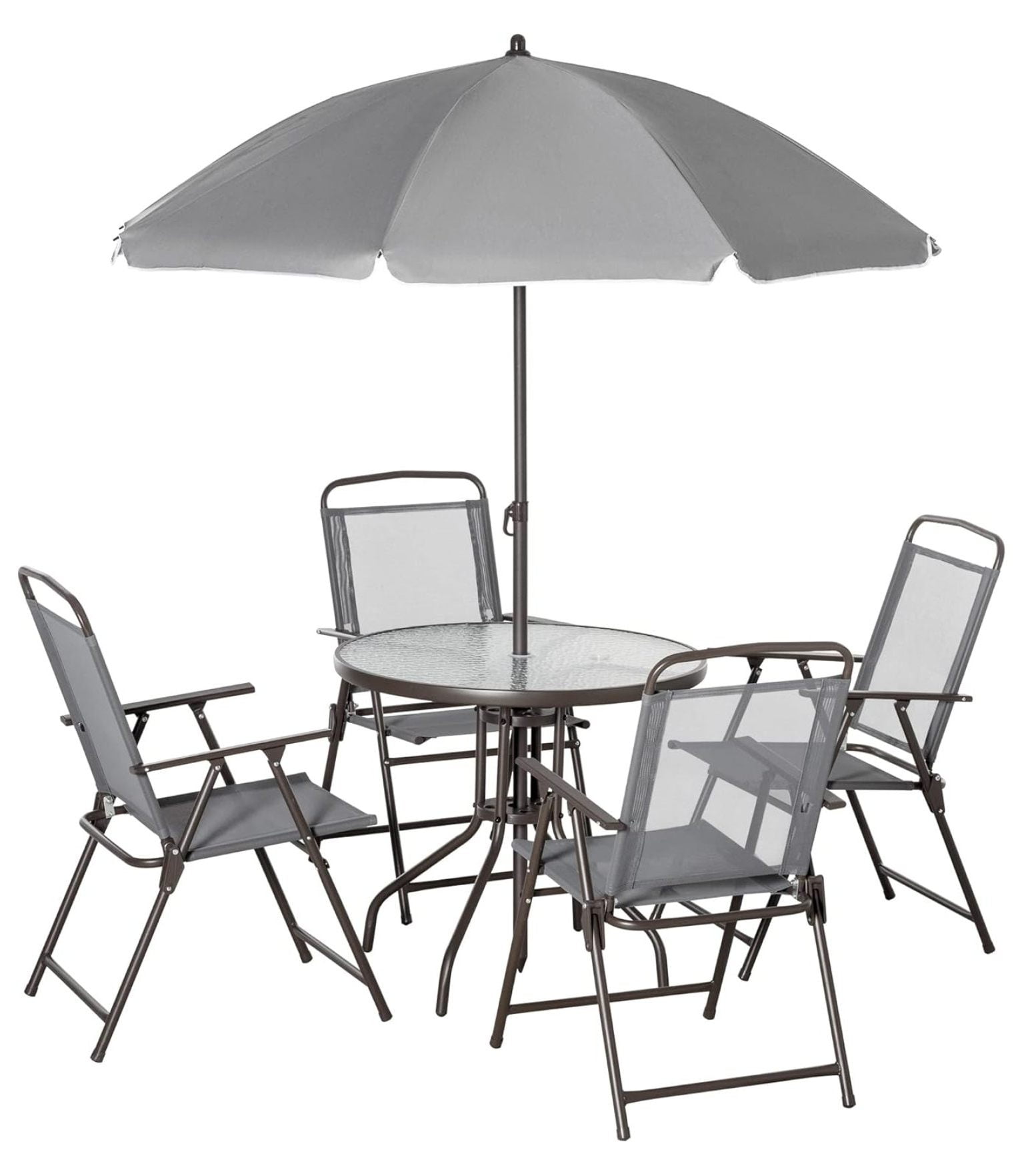 6 Pieces Patio Dining Set Folding Chairs Glass Table Tilt Umbrella for Garden-Coffee main image 1