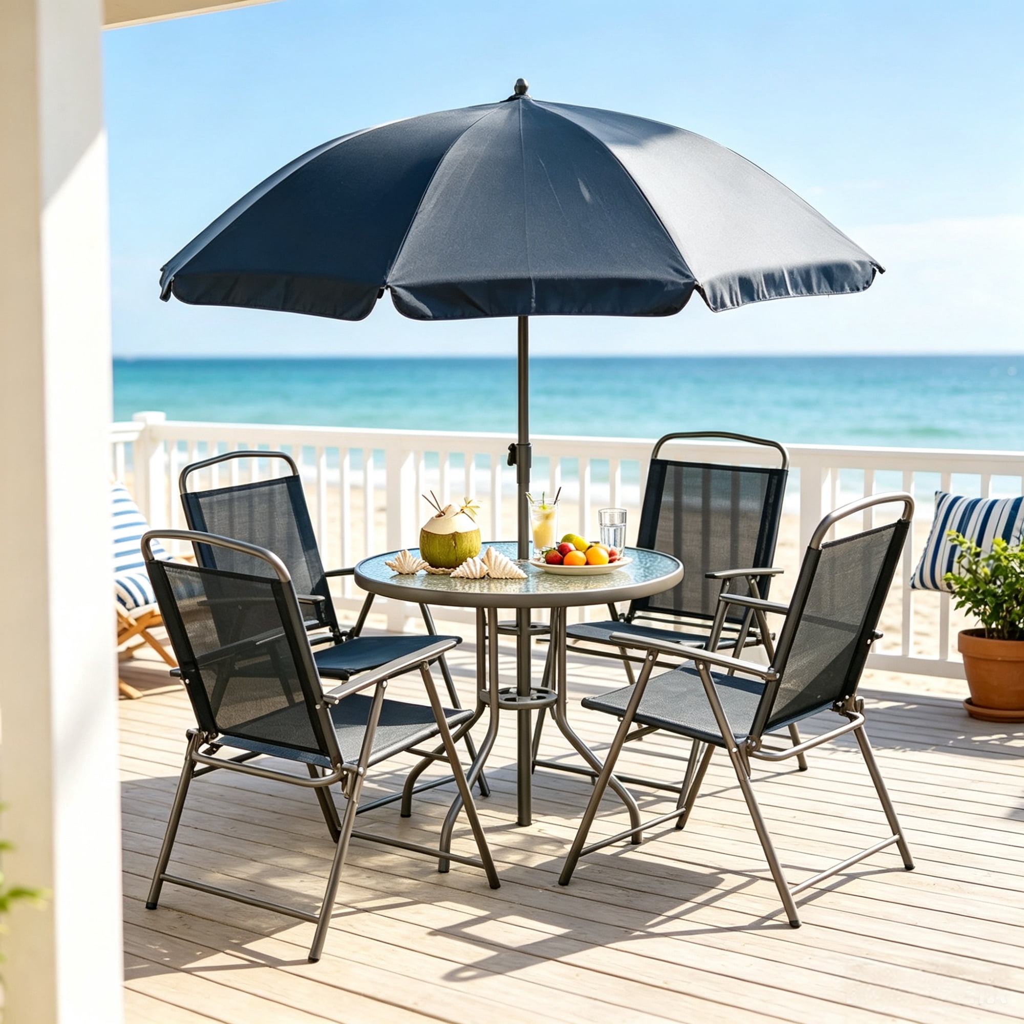 6-Piece Patio Dining Set for 4, Complete with Umbrella, Round Glass Table & 4 Folding Chairs, Black & Coffee