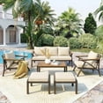 thumbnail image 1 of 6-Piece Patio Furniture Conversation Set, All-Weather Steel Outdoor Sectional Sofa Set with 2 Ottomans & Acacia Wood Coffee Table, Beige, 1 of 11