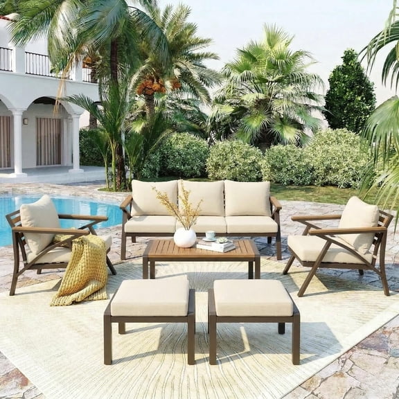 6-Piece Patio Furniture Conversation Set, All-Weather Steel Outdoor Sectional Sofa Set with 2 Ottomans & Acacia Wood Coffee Table, Beige