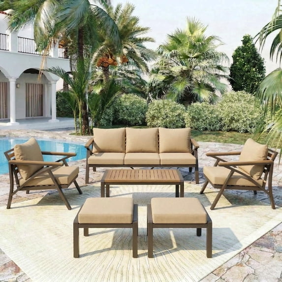 6-Piece Patio Furniture Conversation Set, All-Weather Steel Outdoor Sectional Sofa Set with 2 Ottomans & Acacia Wood Coffee Table, Brown