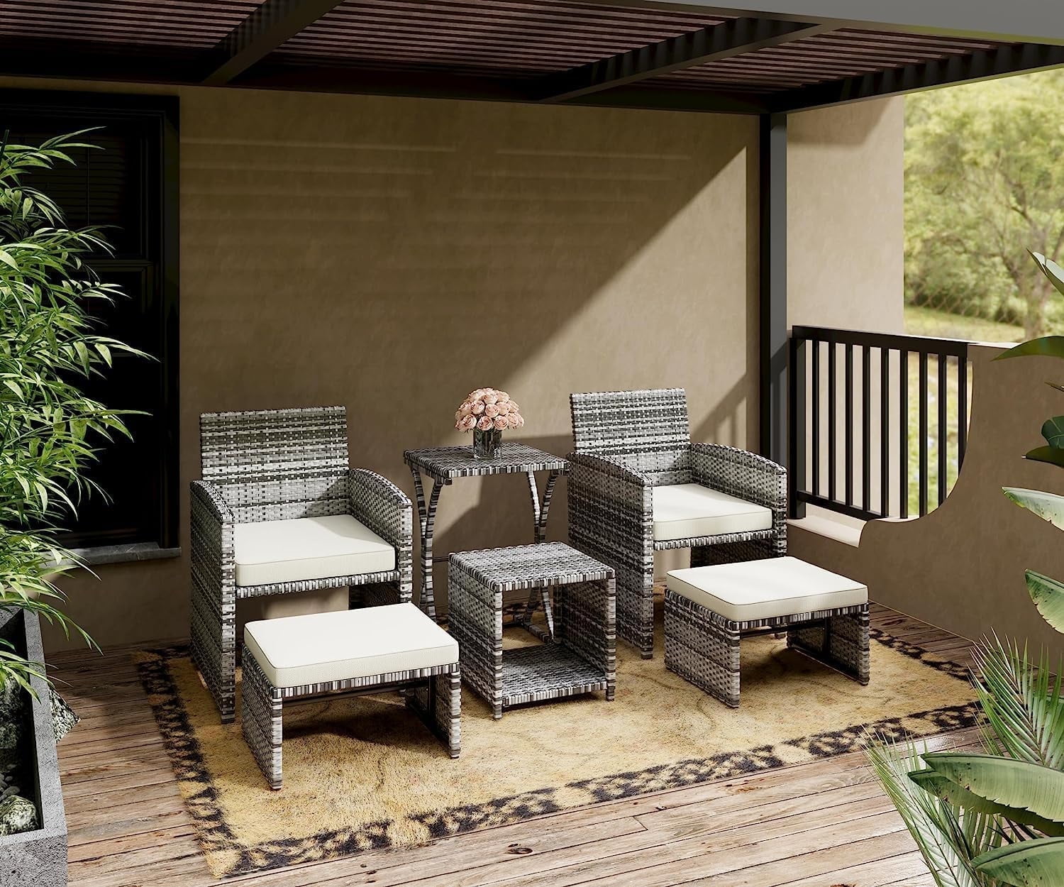 6 Piece Patio Furniture Conversation Set with Ottoman Outdoor Black Grey Wicker Chair and Table Set with Beige Cushion Balcony Furniture for