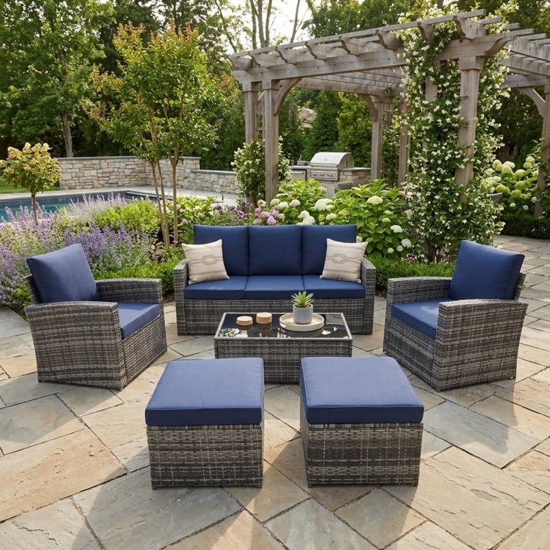 6-Piece Patio Furniture Set with 2 Ottomans, PE Wicker Sectional Sofa Set with Glass Coffee Table, Patio Conversation Set with Thick Cushion for Backyard Lawn
