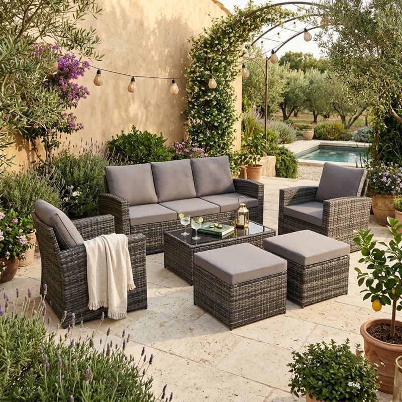 6-Piece Patio Furniture Set with 2 Ottomans, PE Wicker Sectional Sofa Set with Glass Coffee Table, Patio Conversation Set with Thick Cushion for Backyard Lawn