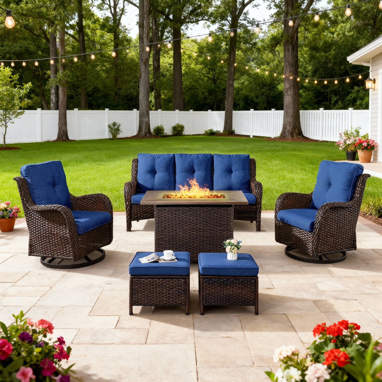 6 Piece Patio Furniture Set with 41" Fire Pit Table, Outdoor All Weather Wicker Rattan Furniture with Swivel Rocking Chairs, Ottomans and 3-Seat Sofa for Backyard Balcony Deck, Blue/Brown