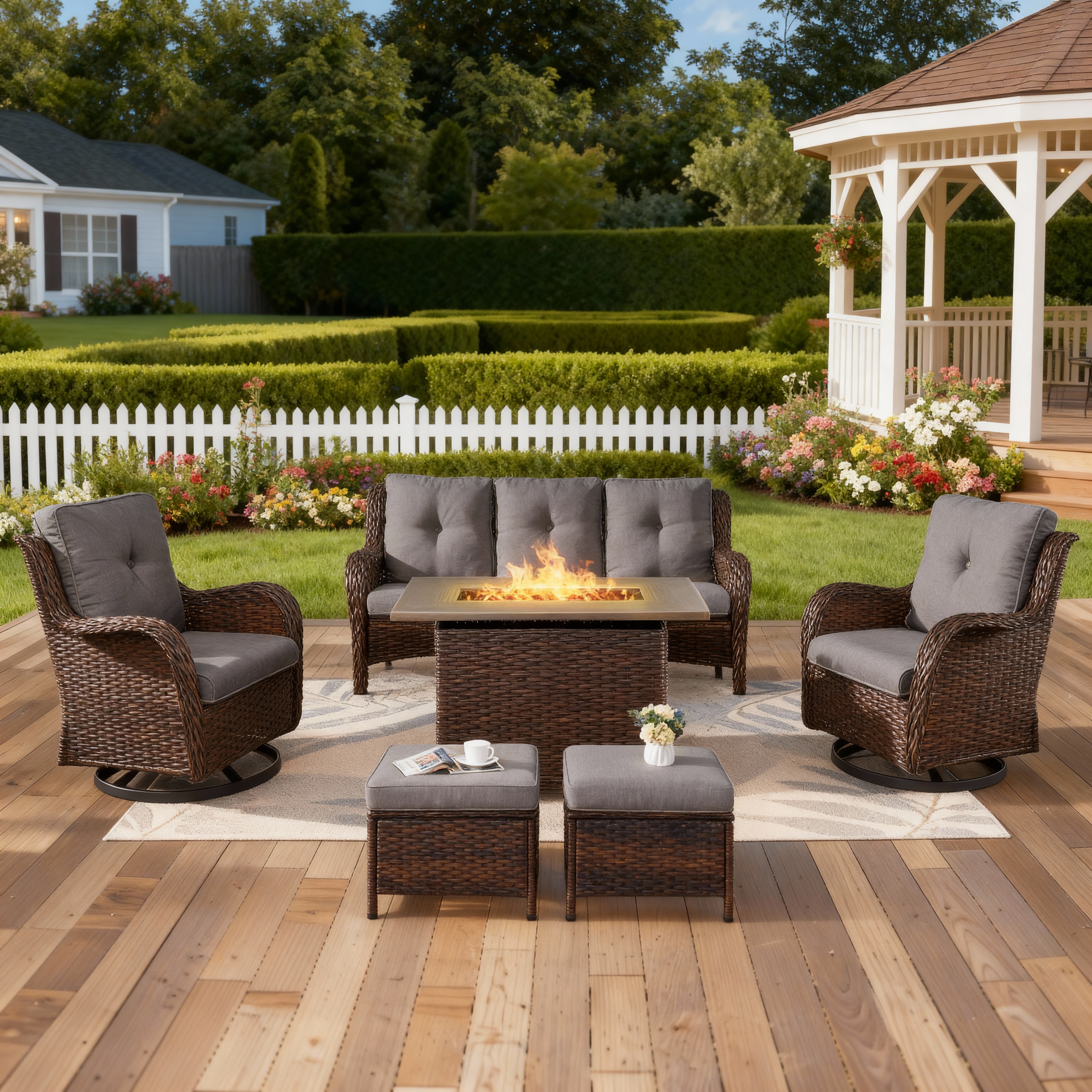 6 Piece Patio Furniture Set with 41" Fire Pit Table, Outdoor All Weather Wicker Rattan Furniture with Swivel Rocking Chairs, Ottomans and 3-Seat Sofa for Backyard Balcony Deck, Gray/Brown