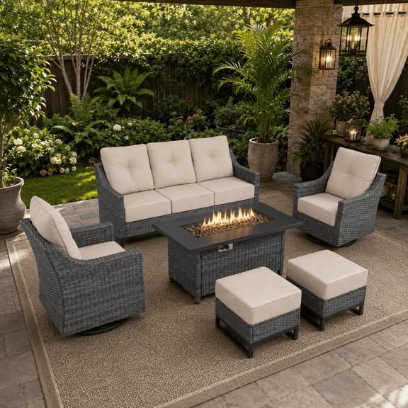 BelvaraHome 6-Piece PE Wicker Patio Conversation Set with Fire Pit Table, Sofa, 2 Swivel Rocker Chairs & 2 Ottomans, Grey/Beige