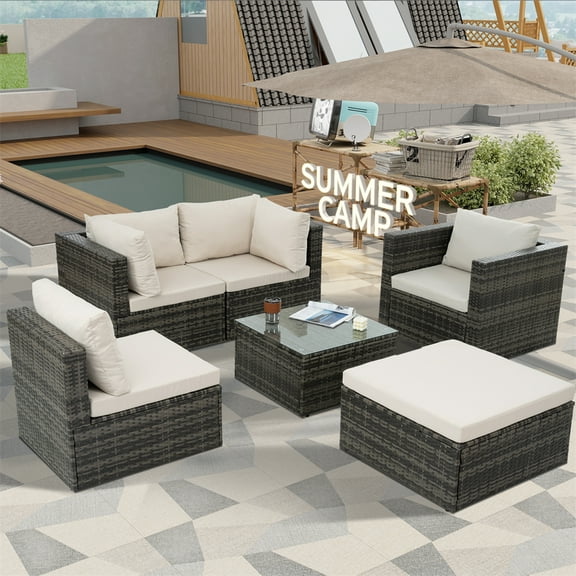 6 Piece Patio Furniture Set Outdoor Wicker Conversation Set All Weather PE Rattan Sectional Sofa Set with Ottoman, Cushions and Tempered Glass Table, White