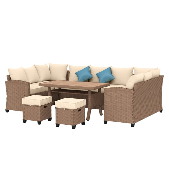 6 Piece Patio Furniture Set, PE Wicker Outdoor Sectional Sofa with Table & Pillows, Khaki - Large Seating for 11, All Weather