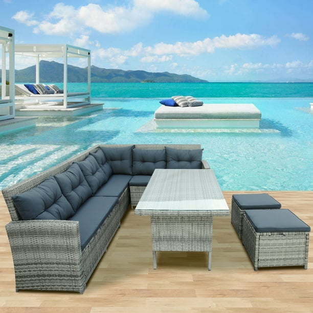 6 Piece Patio Furniture Set Rattan Outdoor Sectional Sofa with Glass Table Ottomans Patio Conversation Sets Comfy Outdoor Couch for Pool Garden Backyard Lawn Gray Walmart Business Supplies