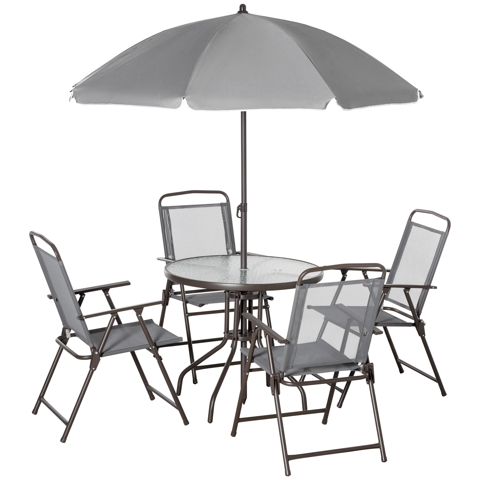6 Piece Patio Furniture Set with Umbrella,Outdoor Patio Dining Set with 4 Folding Chairs and Tempered Glass Dining Table for Garden, Backyard,Gray