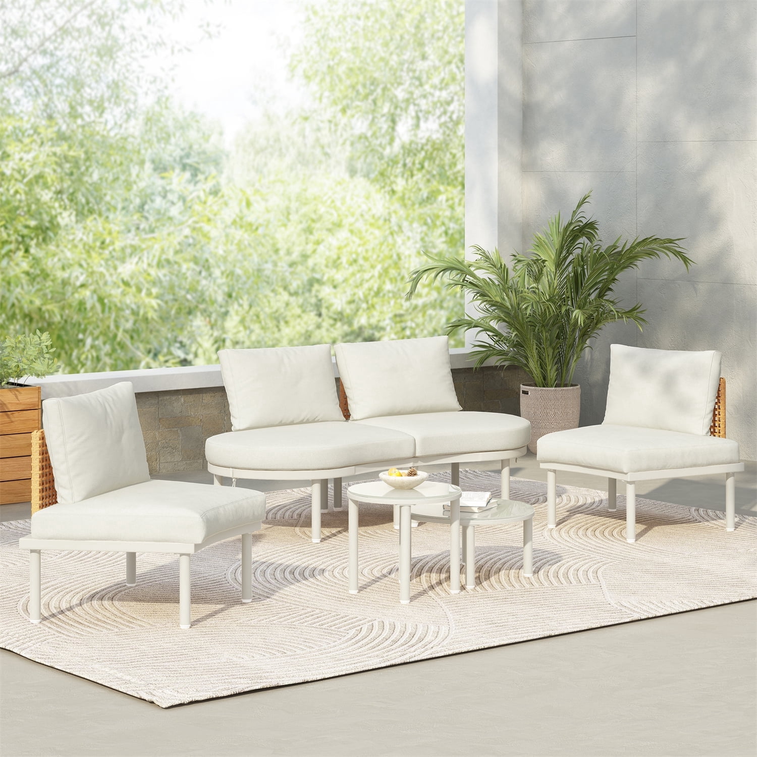 YIORTWO 6-Piece Modular Outdoor Sectional Sofa Set, Half Moon PE Wicker Patio Furniture with 2 Tempered Glass Coffee Tables & Cushions, for Backyard, Beige
