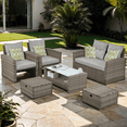 thumbnail image 1 of 6 Piece Patio Furniture Sets, Solid Wood Garden Conversation Sectional with Ottomans, Gray Cushions and Throw Pillows for Backyard, 1 of 6