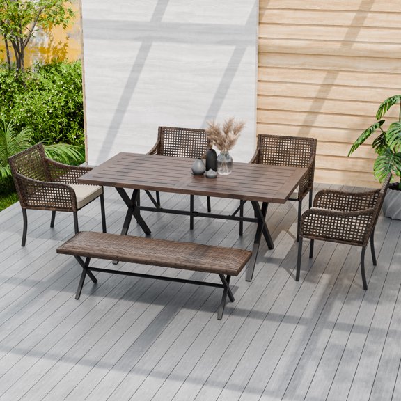 COOS BAY Echo Vibe 6-Piece Patio Outdoor wicker Dining Set, Garden Porch Backyard Poolside Sectional Conversation Set , Brown