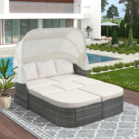 6 Piece Patio Wicker Furniture, Outdoor Daybed Sunbed with Retractable Canopy, Conversation Sofa Set, PE Rattan Sectional Seating with Ottomans, for Patio Backyard Porch Poolside, Beige, D7909