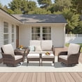 thumbnail image 1 of 6 Piece Patio Wicker Furniture Sets, Outdoor Swivel Rocking Chairs, Loveseat, Ottomans, Glass Top Side Table Set with Beige Cushions, 1 of 10