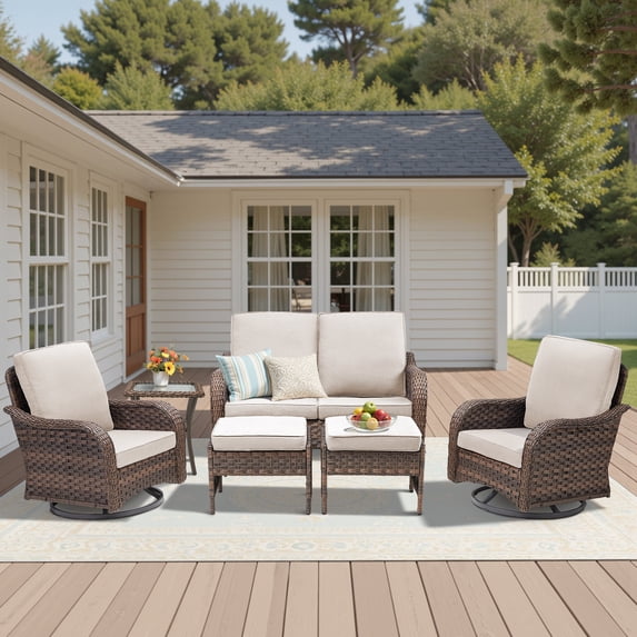 6 Piece Patio Wicker Furniture Sets, Outdoor Swivel Rocking Chairs, Loveseat, Ottomans, Glass Top Side Table Set with Beige Cushions