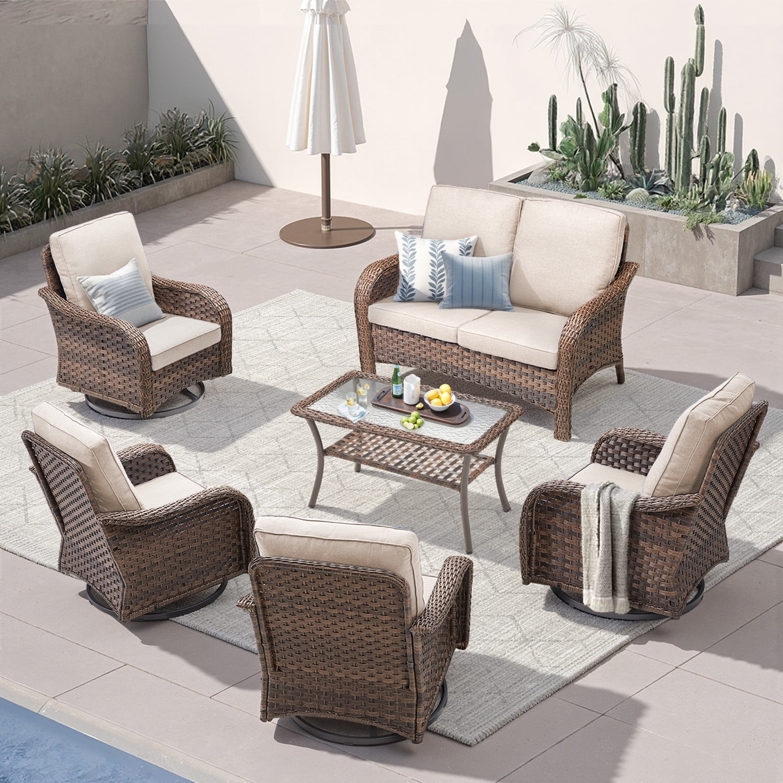 6 Piece Patio Wicker Furniture Sets, Outdoor Swivel Rocking Chairs, Loveseat and Glass Top Coffee Table Set with Beige Cushions