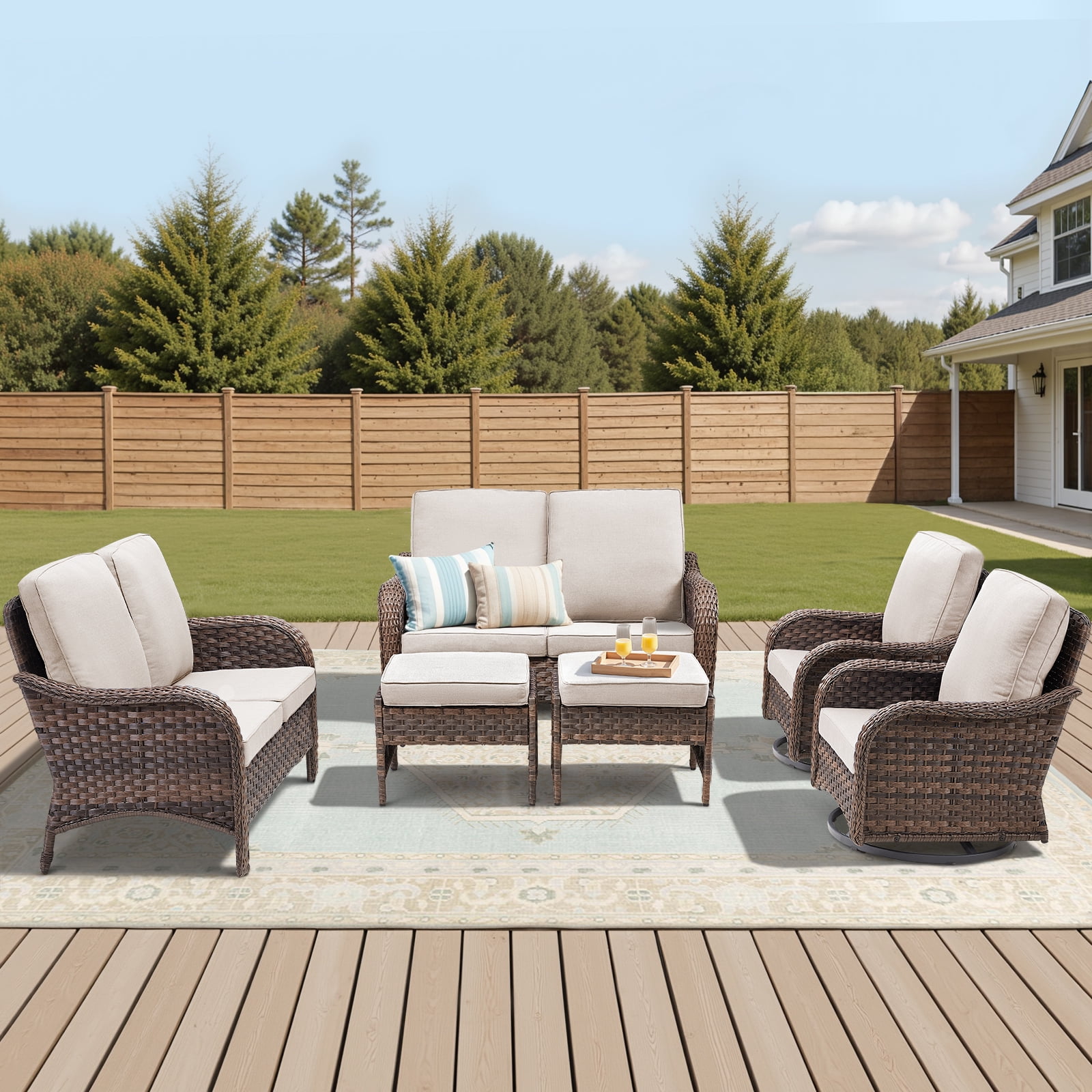 6 Piece Patio Wicker Furniture Sets, Outdoor Swivel Rocking Chairs, Loveseat and Ottomans Set with Beige Cushions