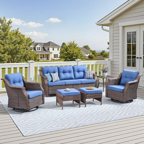 6 Piece Patio Wicker Furniture Sets Outdoor Swivel Rocking Chairs Sofa Set Rattan Furniture Set with Blue Cushion, Ottomans and Side Tables for Balcony Deck Backyard, Blue