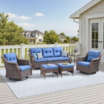 6 Piece Patio Wicker Furniture Sets Outdoor Swivel Rocking Chairs Sofa Set Rattan Furniture Set with Blue Cushion, Ottomans and Side Tables for Balcony Deck Backyard, Blue