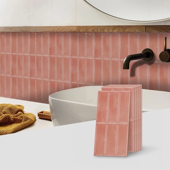6 Piece Peel and Stick Tiles Stickers Marble Pink Mosaic Brick Pattern 5.91 x 11.81 inches Wall Decals Sticker Removable Backsplash DIY Decor