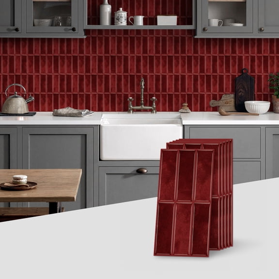 6 Piece Peel and Stick Tiles Stickers Mosaic Brick Red Marble Pattern 5.91 x 11.81 inches Wall Decals Sticker Removable Backsplash DIY Decor