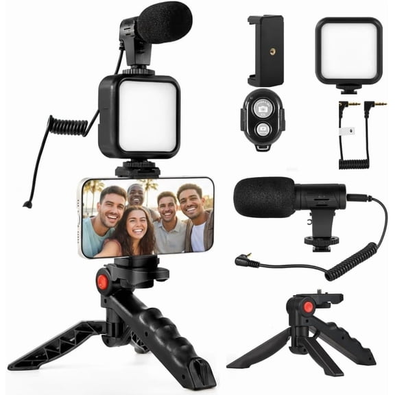 6-Piece Phone Vlogging Kit  Smartphone Video Kit with Microphone, LED Light & Mini Tripod for YouTube & TikTok Creators