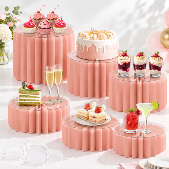 6-Piece Pink Foldable Cardboard Cake Display Stands for Wedding Birthday Party Catering