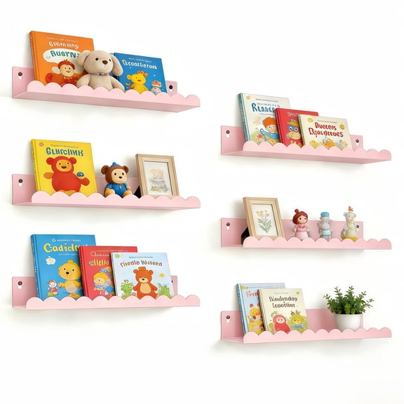 6-Piece Pink Metal Floating Shelves, 16" Cute Wall Bookshelf & Toy Display for Girls Room, Nursery