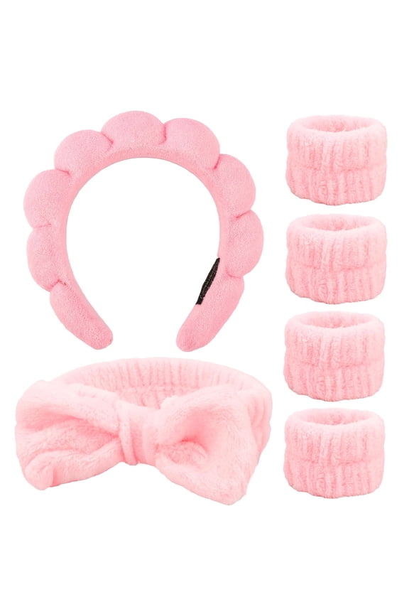 6 Piece Pink Sponge and Bow SPA Headband Set for Professional Daily Home Use