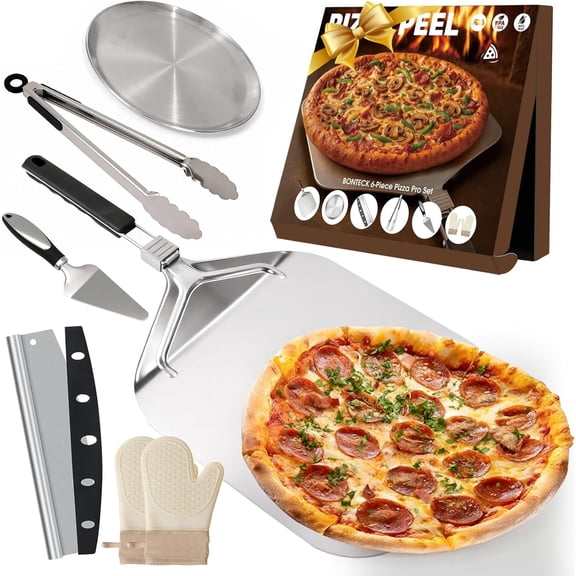 6-Piece Pizza Oven Accessories Kit with 12x14 Inch Foldable Aluminum Peel Rocker Cutter Pan Server Oven Mitts and Tongs