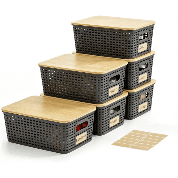 NTYNTY 6 Pack Plastic Storage Baskets with Bamboo Lids for Organization Gray